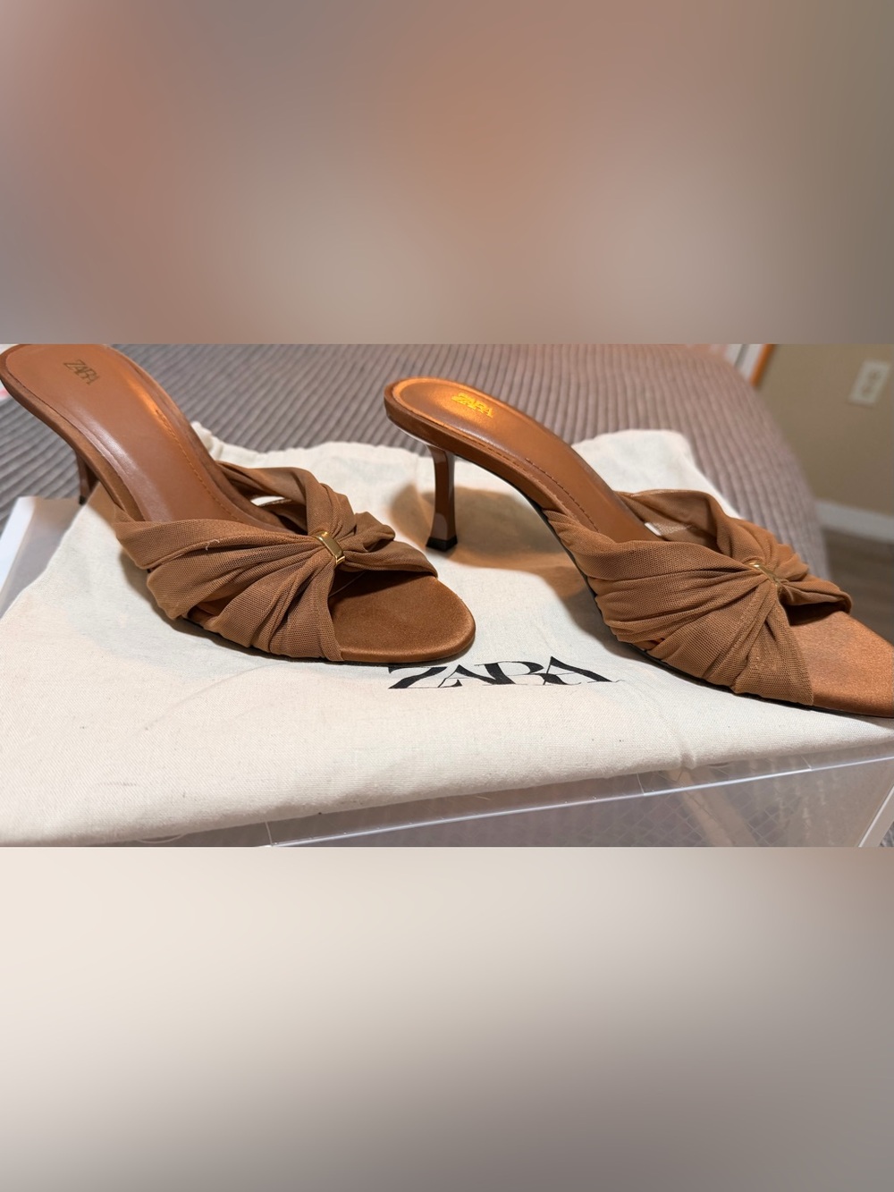 ZARA Tan Knot-Front Sculpted Heel Mules